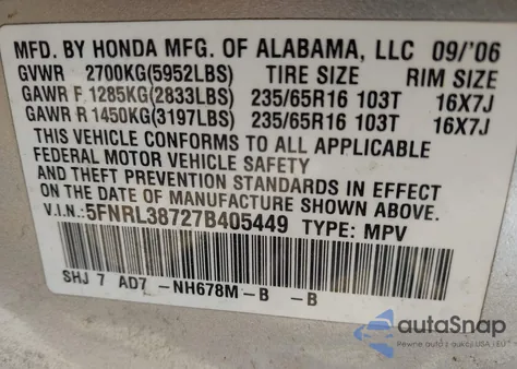 2007 Honda Odyssey Ex-L z USA, uszkodzony, nr VIN 5FNRL38727B405449